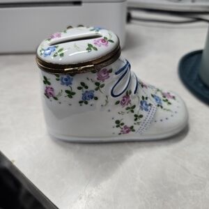 Floral Porcelain Trinket Box Bank, Baby Shoe, Pink & Blue Kids Shoe Bank